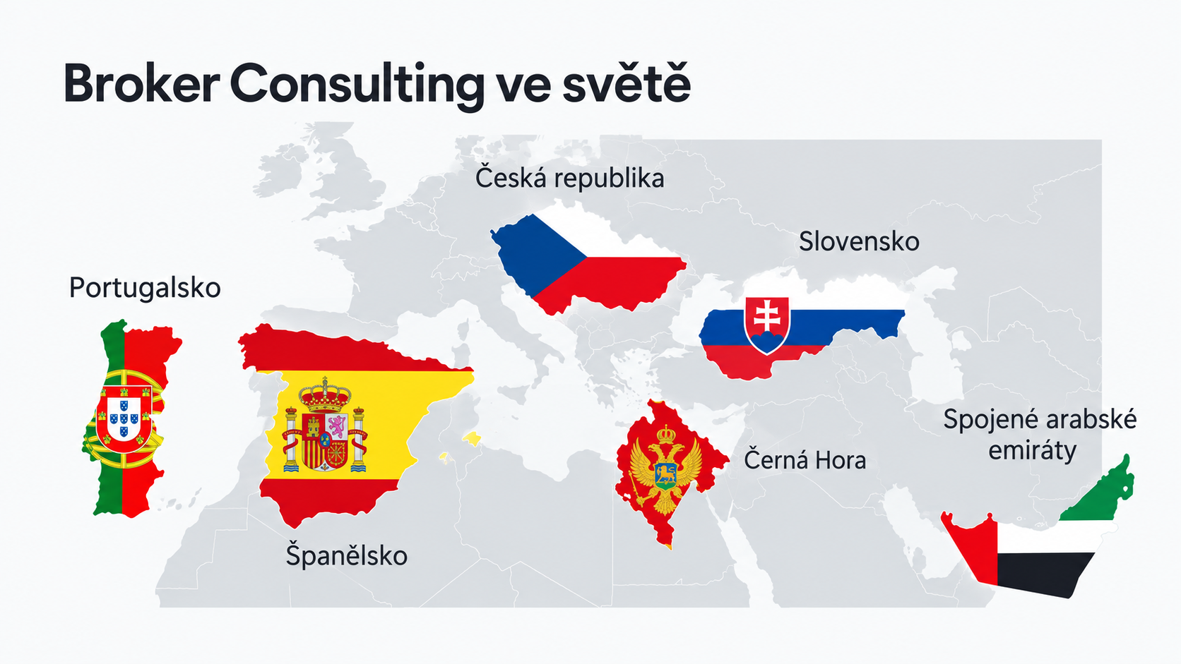 Upravená prezentace Broker Consulting s přehledem zemí: Česko, Slovensko, Španělsko, Portugalsko, Černá Hora a Spojené arabské emiráty